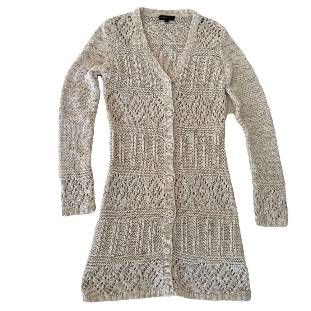 BCBGMaxazria women's medium open knit crochet button front long cardigan